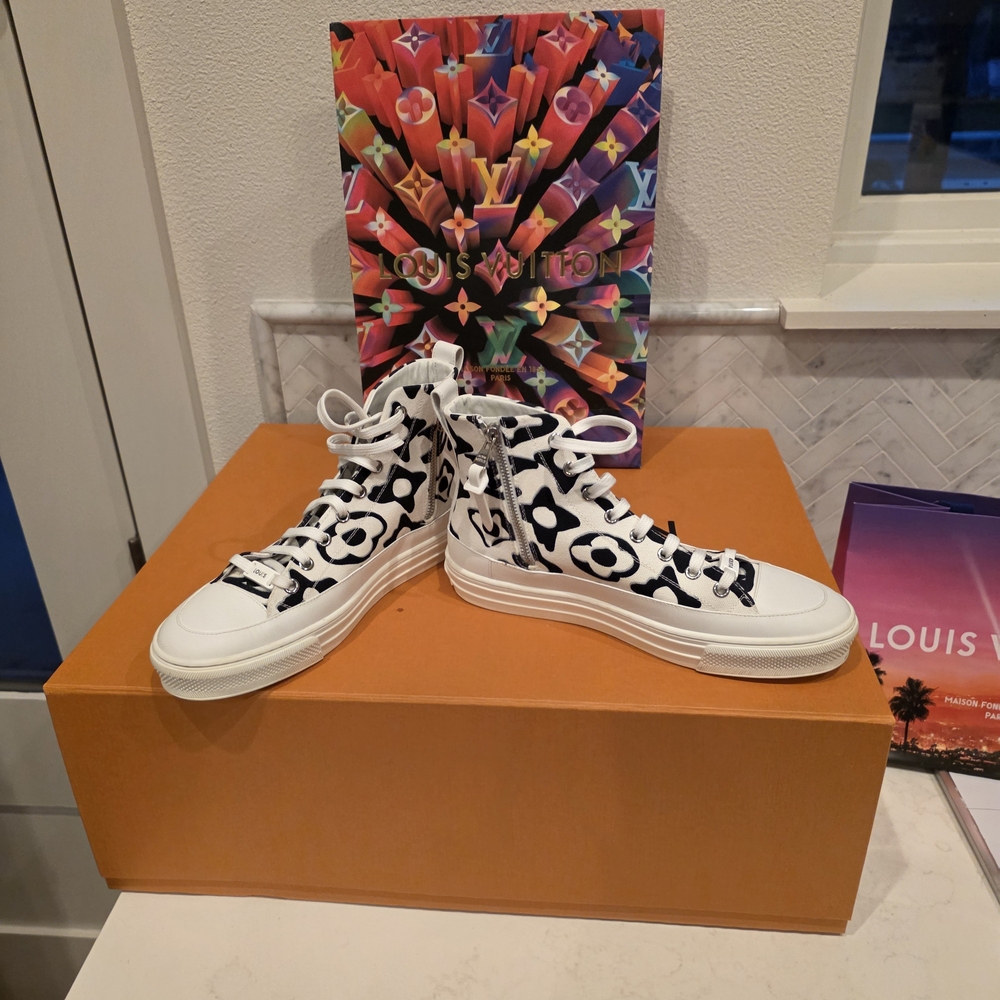 Louis Vuitton White and Black Grafitti High-Top Sneakers